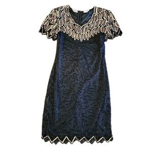 Vtg 80s Swee Lo Black Gown Gold Feathers Sequin Beaded Silk Dress Sz M 8 10